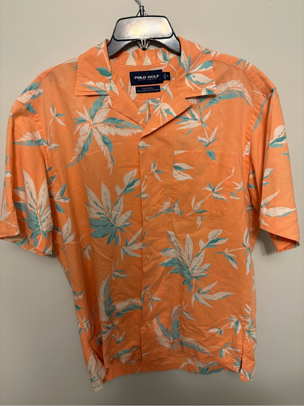 VTG Polo Golf Ralph Lauren Caldwell Linen Cotton Camp Shirt Medium Orange Aloha